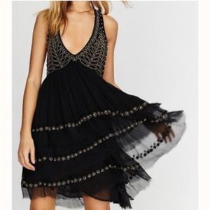 Free People Black Beaded Twilight Ruffle Tulle Mini Party Dress Size S